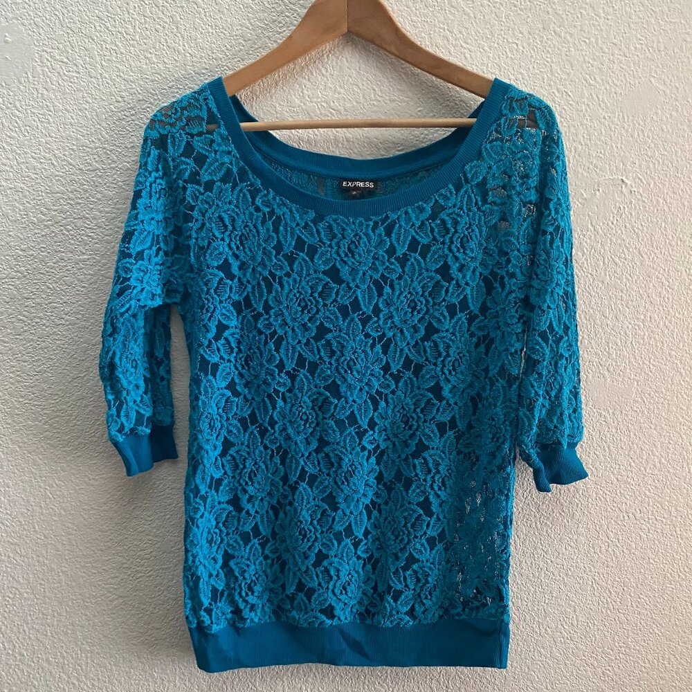 Express Floral Lace Scoop Neck 3/4 Sleeve Shirt Top Size Small Blue Green